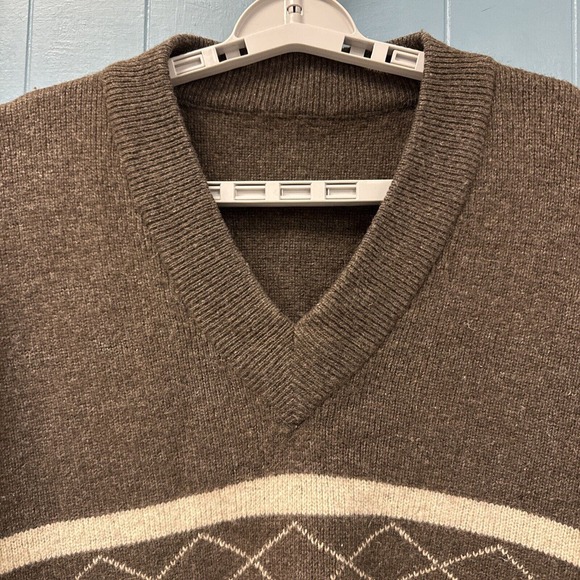 Vintage Wool Sweater Mens XL Brown Tan V-neck 3/4 Sleeves Thick Heavy - Picture 3 of 6